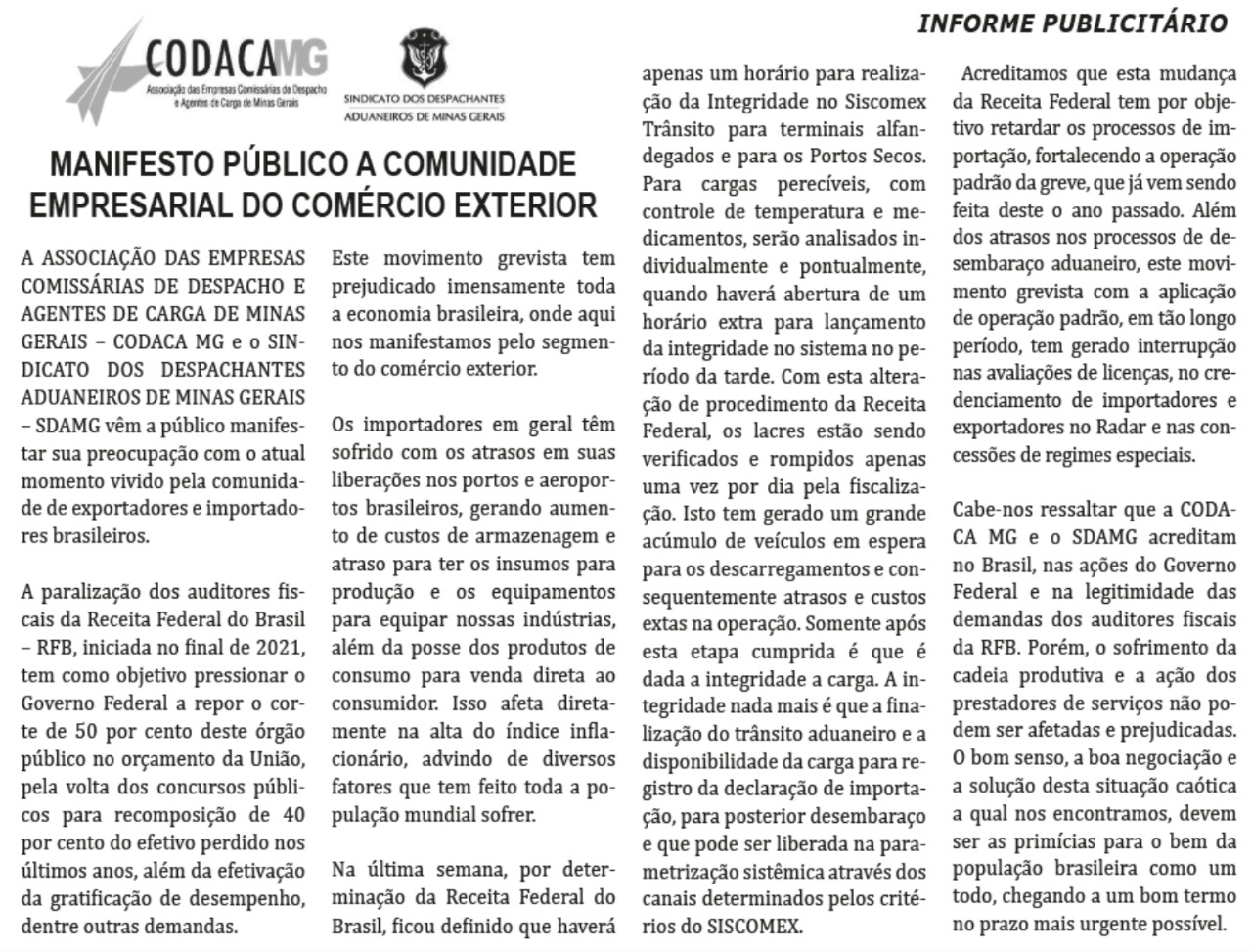 Manifesto Público a Comunidade Empresarial do Comércio Exterior. Edição 04/08/2022 - Diário do Comércio (diariodocomercio.com.br)